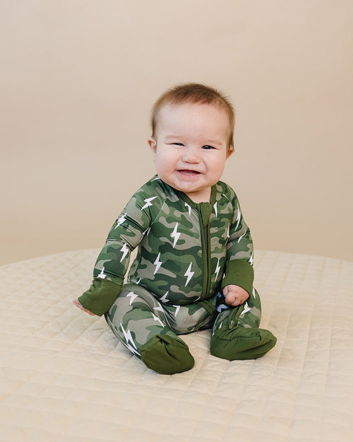 Bamboo Zip Romper | Green Camo Bolts