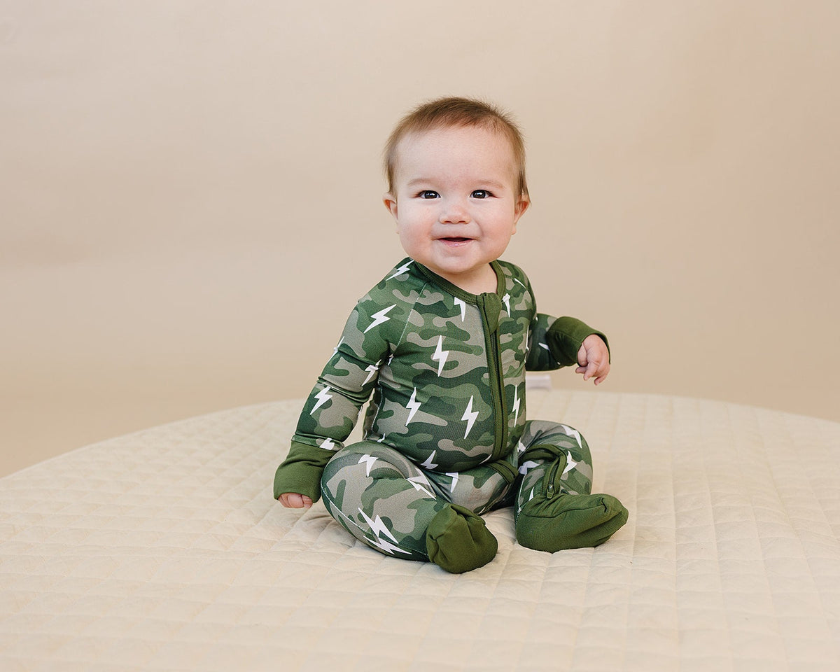 Bamboo Zip Romper | Green Camo Bolts