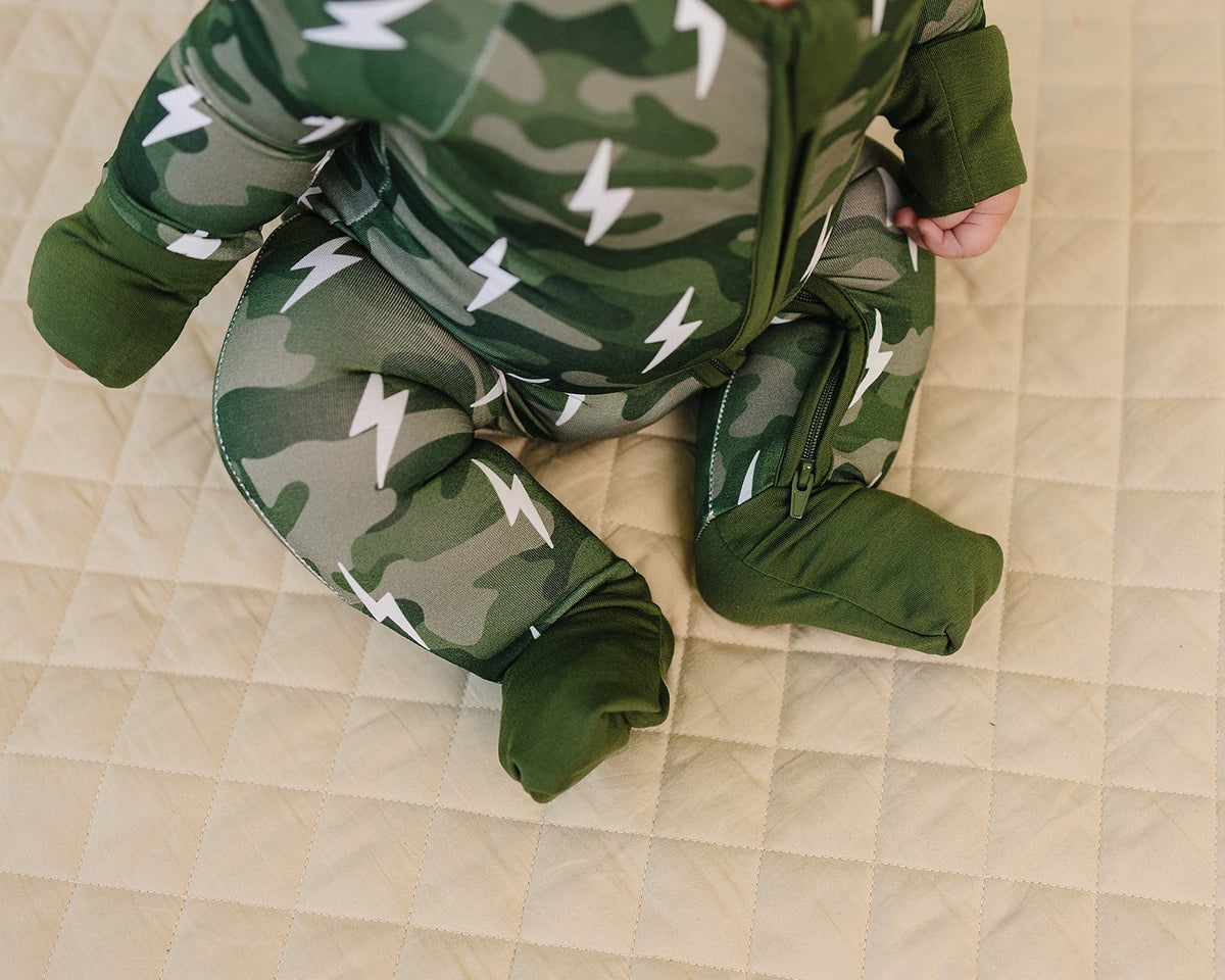 Bamboo Zip Romper | Green Camo Bolts