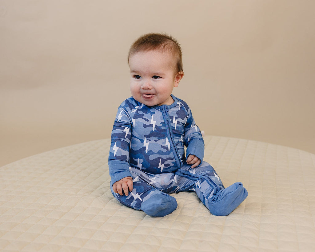 Bamboo Zip Romper | Blue Camo Bolts