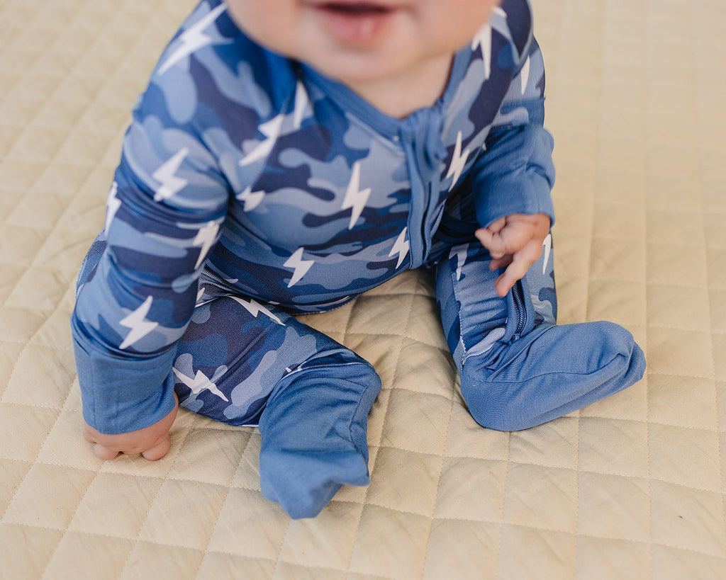 Bamboo Zip Romper | Blue Camo Bolts
